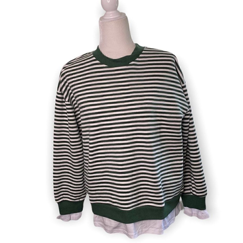 CALI BE Nordstrom Pullover Sweater Green White Stripe Peekaboo Hem SZ S NWT